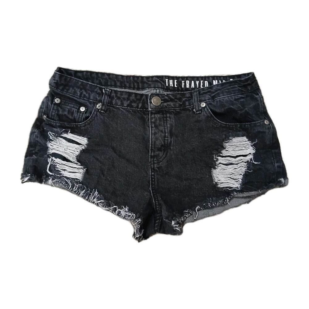 Sold! The Frayed Mid Rise Black Distressed Denim Shorts‎ Women’s Size 10 Raw